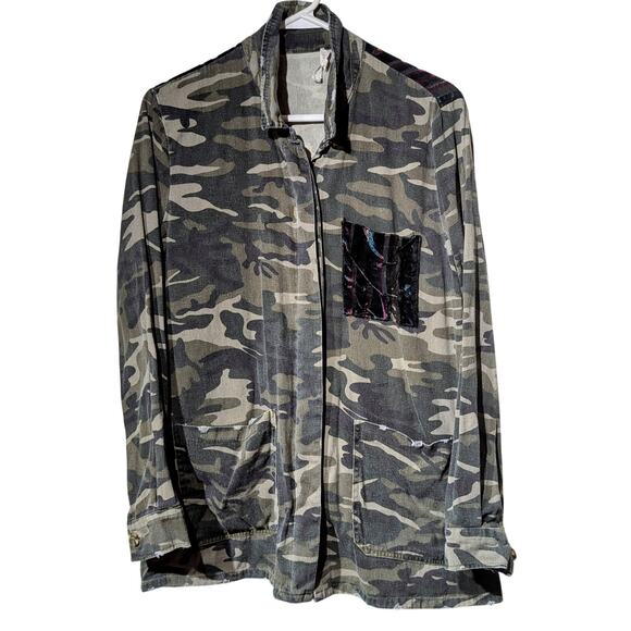 Mystree Jackets & Blazers - Mystree Shabby Chic Camo Velvet Trim Distressed Button Front Jacket Sz S